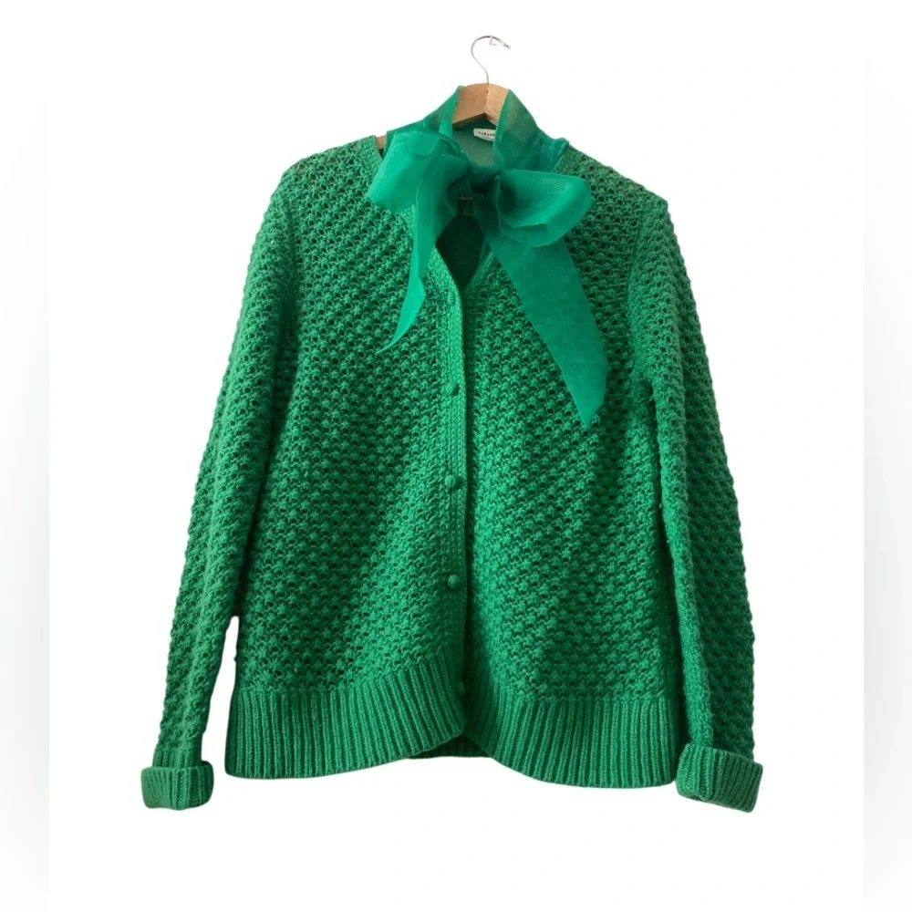 L.Bean women's crochet button-front wool blend cardigan in green size L pristine